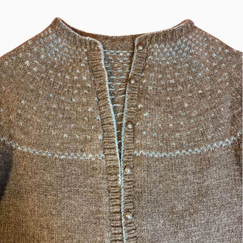 Handmade Wool Fair Isle Cardigan Sweater MEDIUM Brown Blue Button Front Chunky